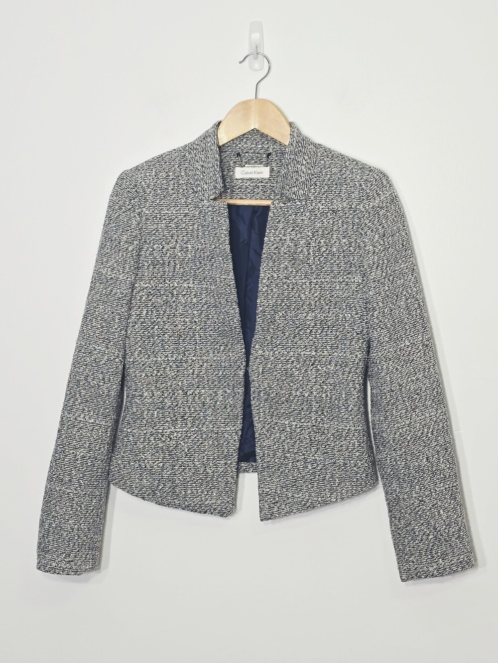 Calvin Klein Vintage Blue White Woven Marble Cropped Business Casual Blazer